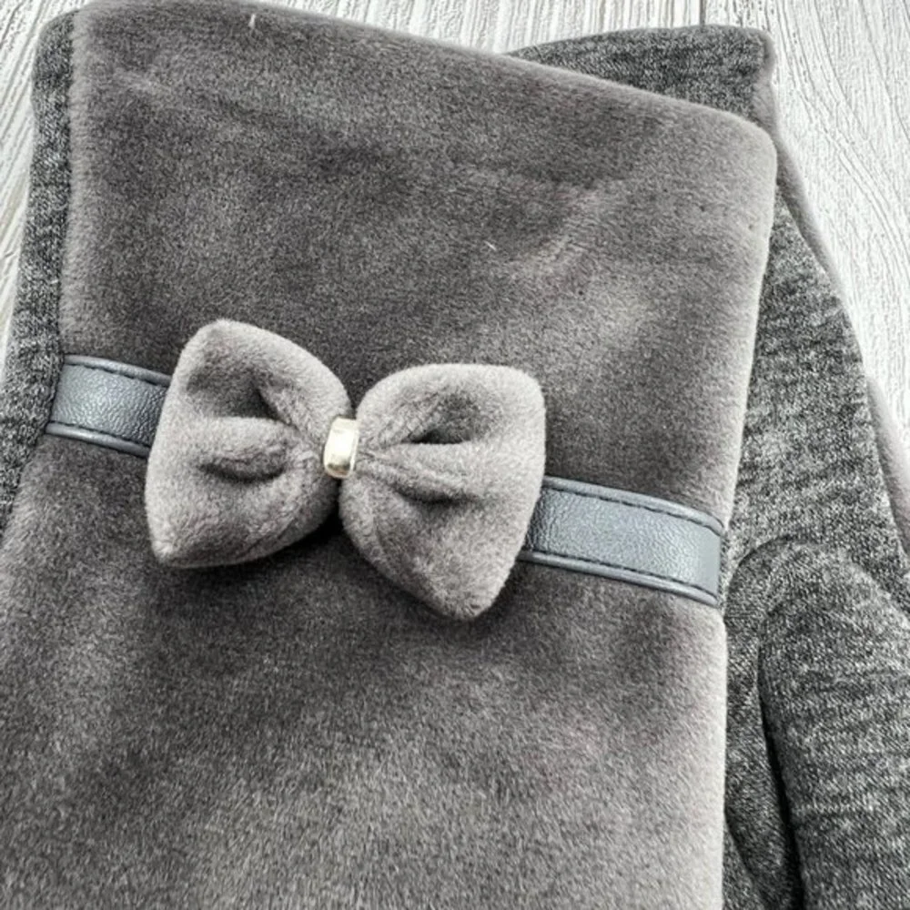 Womens Gray Velvet Touchscreen Gloves Bow Detail Winter Warm Fashion Accessories